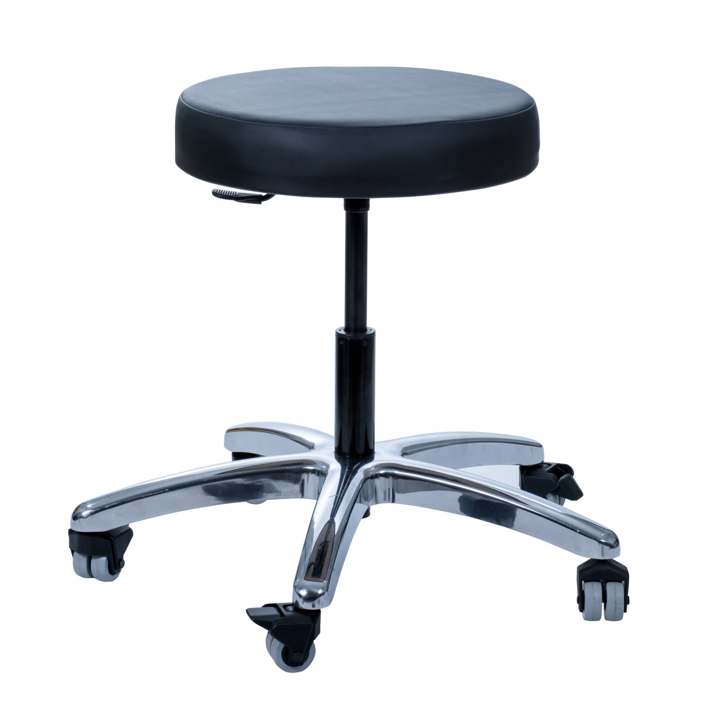 The Brandt Industries Heavy-Duty Exam Stool features a black round seat, adjustable height, chrome legs, and five caster wheels.