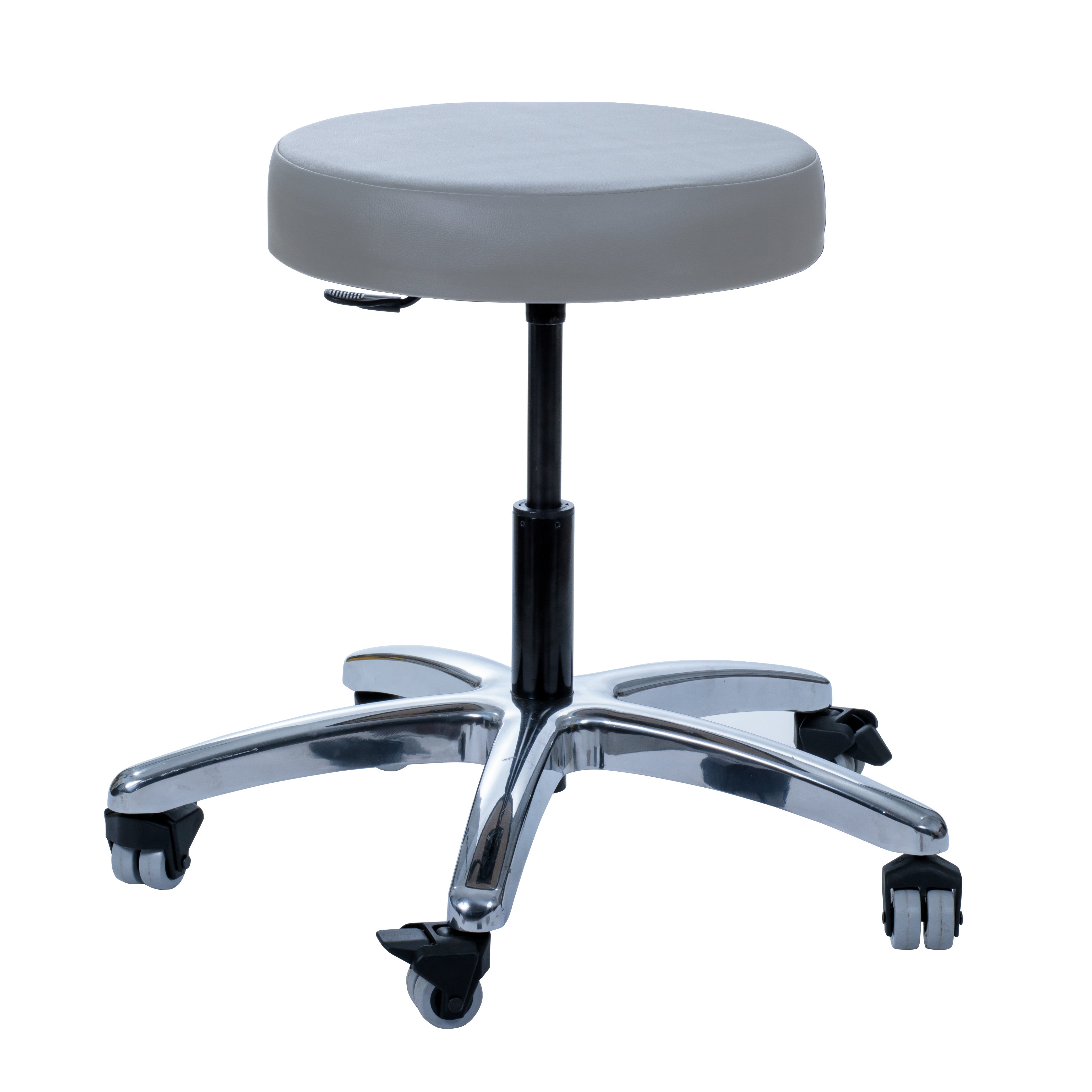 Brandt Industries Heavy-Duty Exam Stool with a round padded seat, adjustable height, foot ring, and five caster wheels.