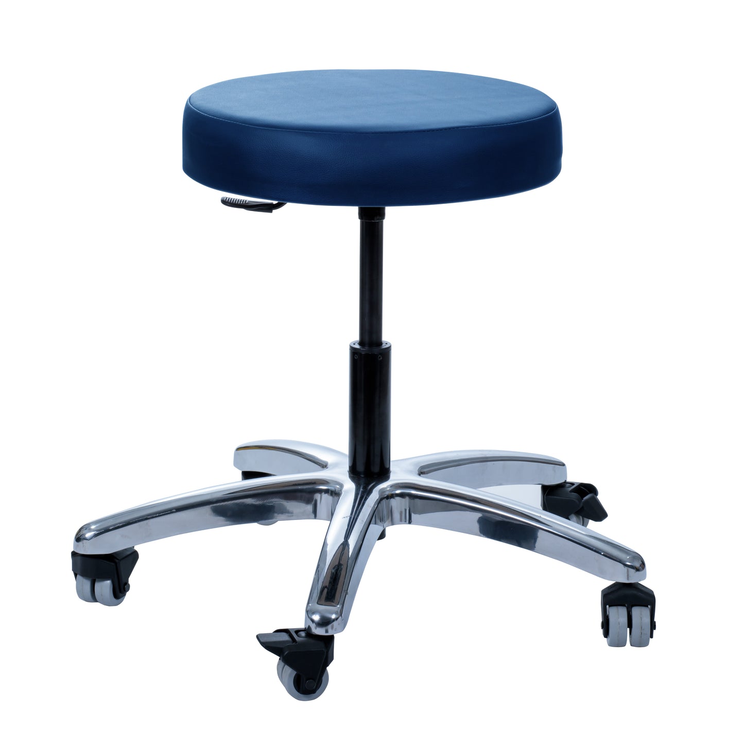 Brandt Industries Heavy-Duty Exam Stool with a blue seat, adjustable lever, foot ring, chrome base, and five caster wheels.