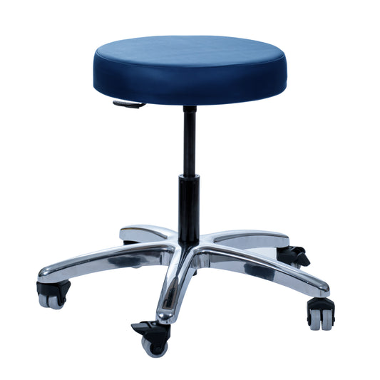 Brandt Industries Heavy-Duty Exam Stool with a blue seat, adjustable lever, foot ring, chrome base, and five caster wheels.