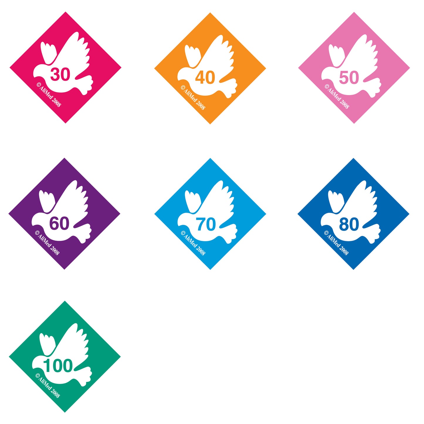 9 color-coded labels for AliMed Standardized Equipment Weight Capacity Label Variety Pack, with bird icons and numbers ranging from 30 to 100.