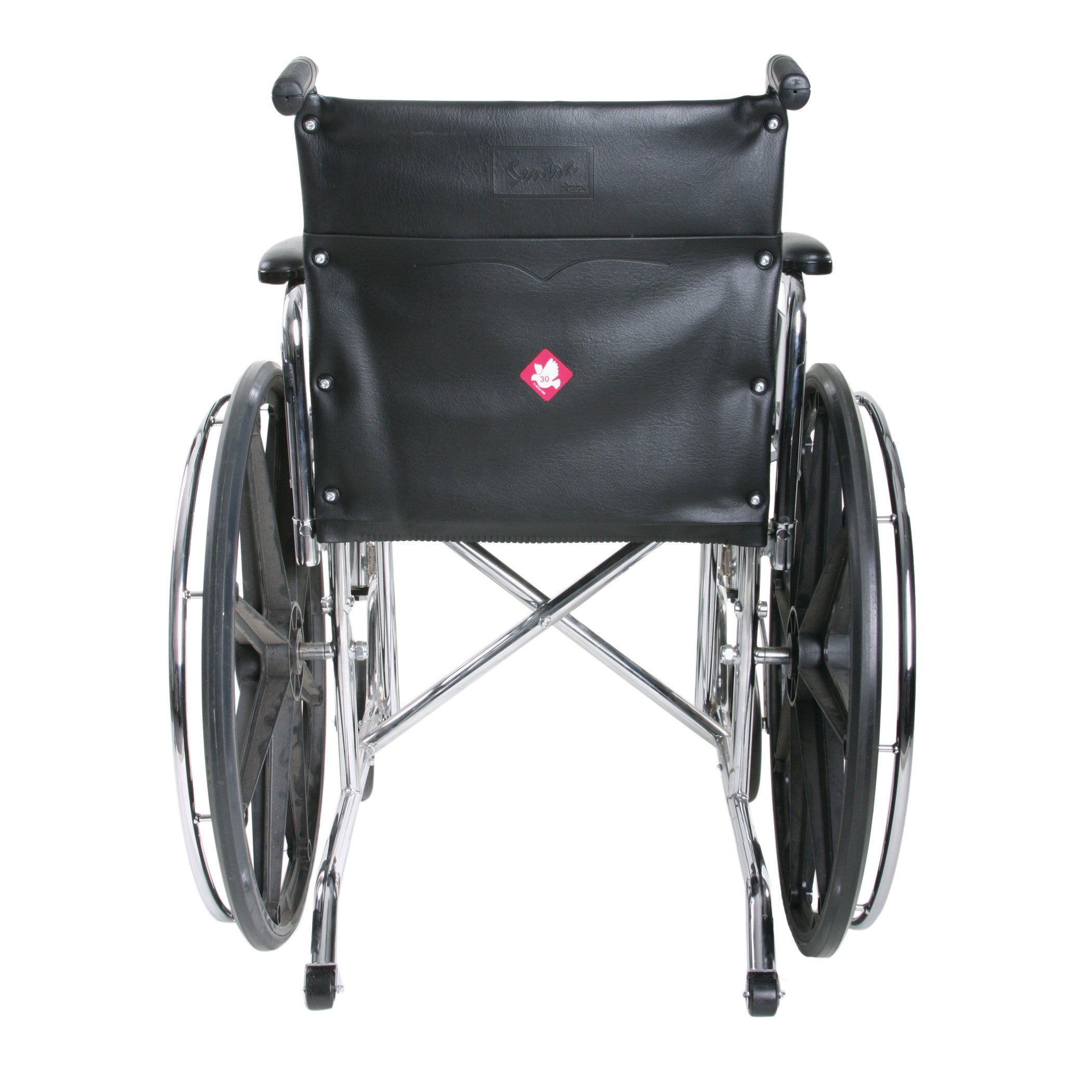 A wheelchair viewed from the back, featuring an AliMed Standardized Equipment Weight Capacity Label Variety Pack sticker on the seat back.