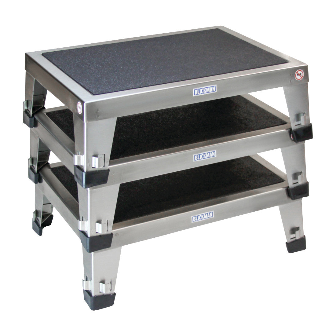 Three stacked Blickman EZ Stacking Stools, made of metal with non-slip surfaces and black corner protectors.