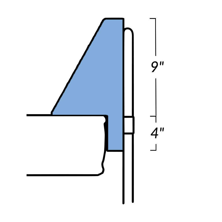 Side view diagram of the AliMed Clear Inflatable Bed Bolster showing attachment with a 9-inch height and 4-inch padded section.