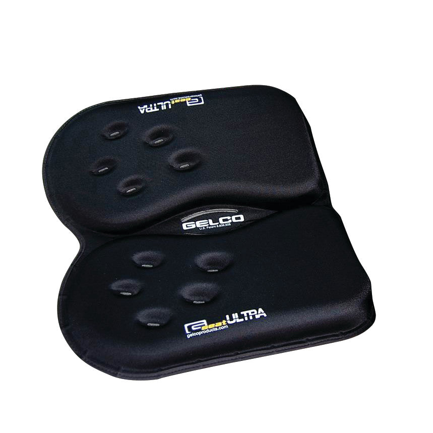 The Gelco GSeat Ultra Portable Gel Seat, a black, ergonomically designed cushion with a split design and recessed areas.