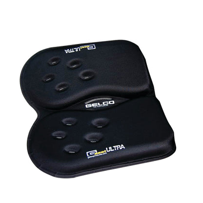 The Gelco GSeat Ultra Portable Gel Seat, a black, ergonomically designed cushion with a split design and recessed areas.