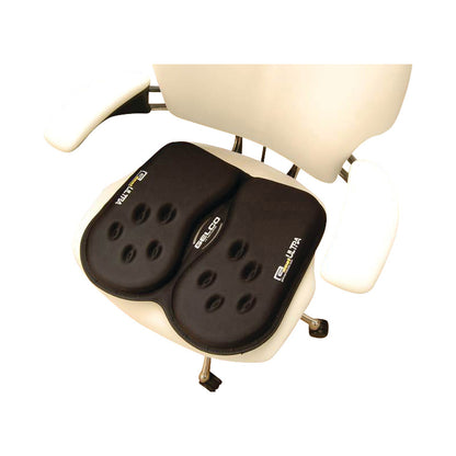 The Gelco GSeat Ultra Portable Gel Seat is shown on a white office chair, featuring a black, cushioned design with indentations.