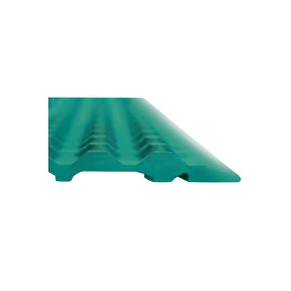 Side view of a green ERGOMAT Hygiene Nitrile Floor Mat with a ribbed surface, showing its tapered edge.