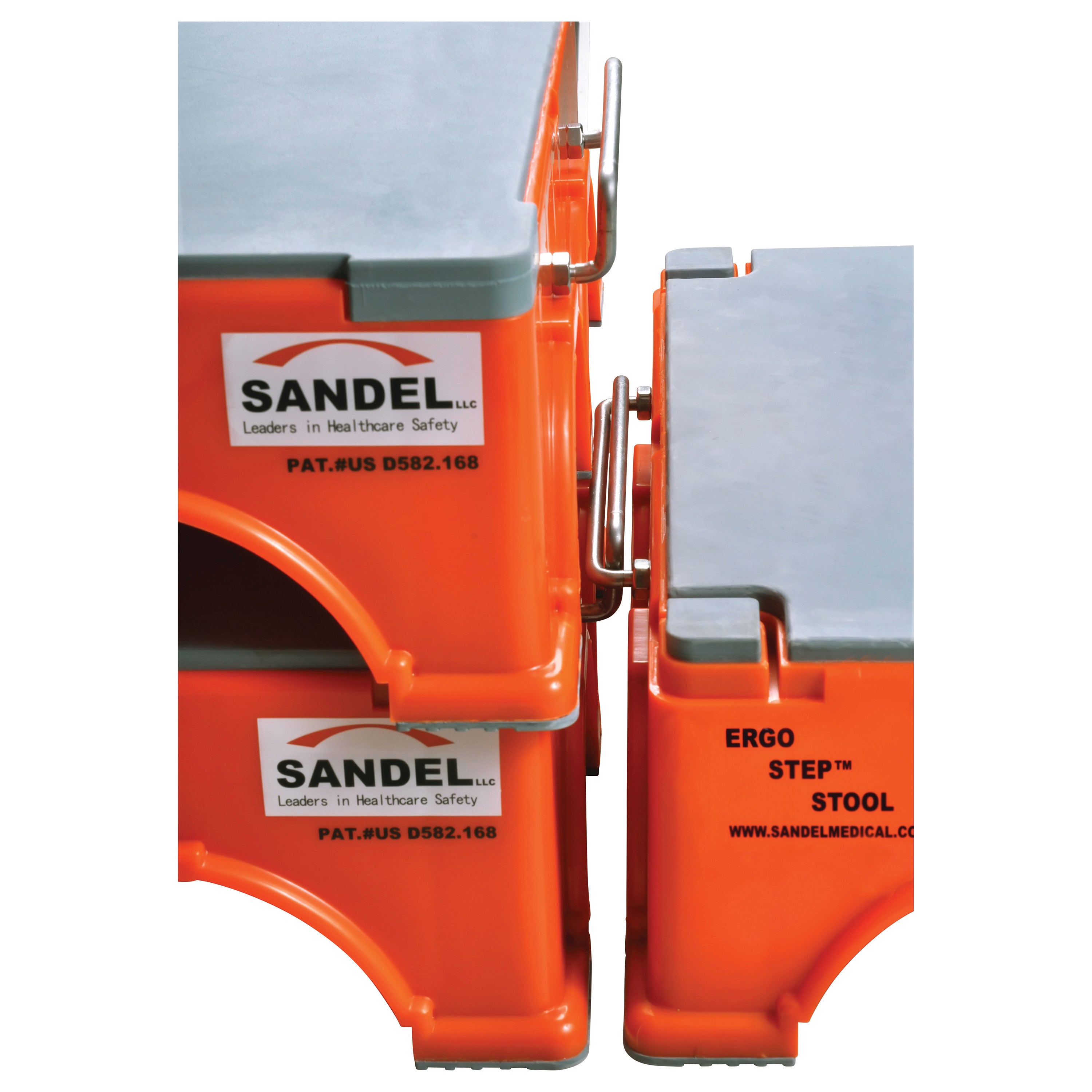 Orange SANDEL Ergo-Step Stools with gray tops, featuring metal handles and company labels promoting healthcare safety.