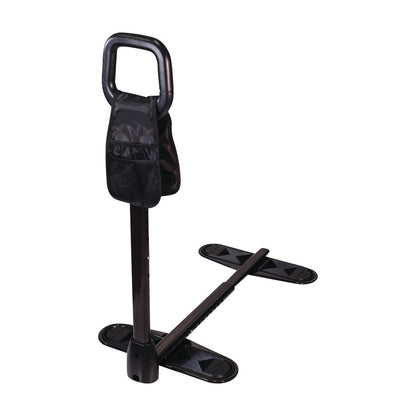 The Stander CouchCane is a black mobility aid with a handle and a support base, designed for assistance in sitting and standing.