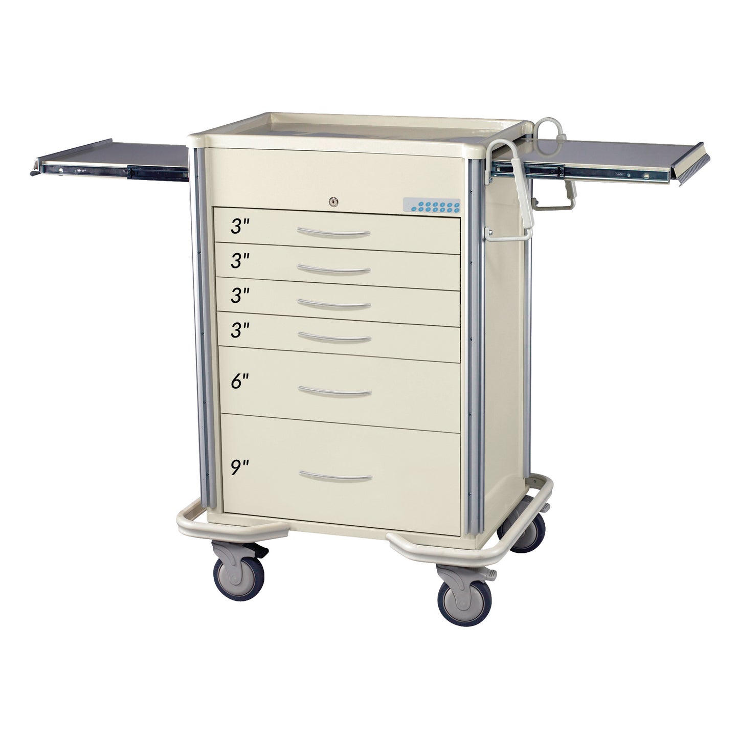 The AliMed Select Series 6-Drawer Anesthesia/Procedure Cart with Electronic Lock features a total of 27' drawer space and wheels.