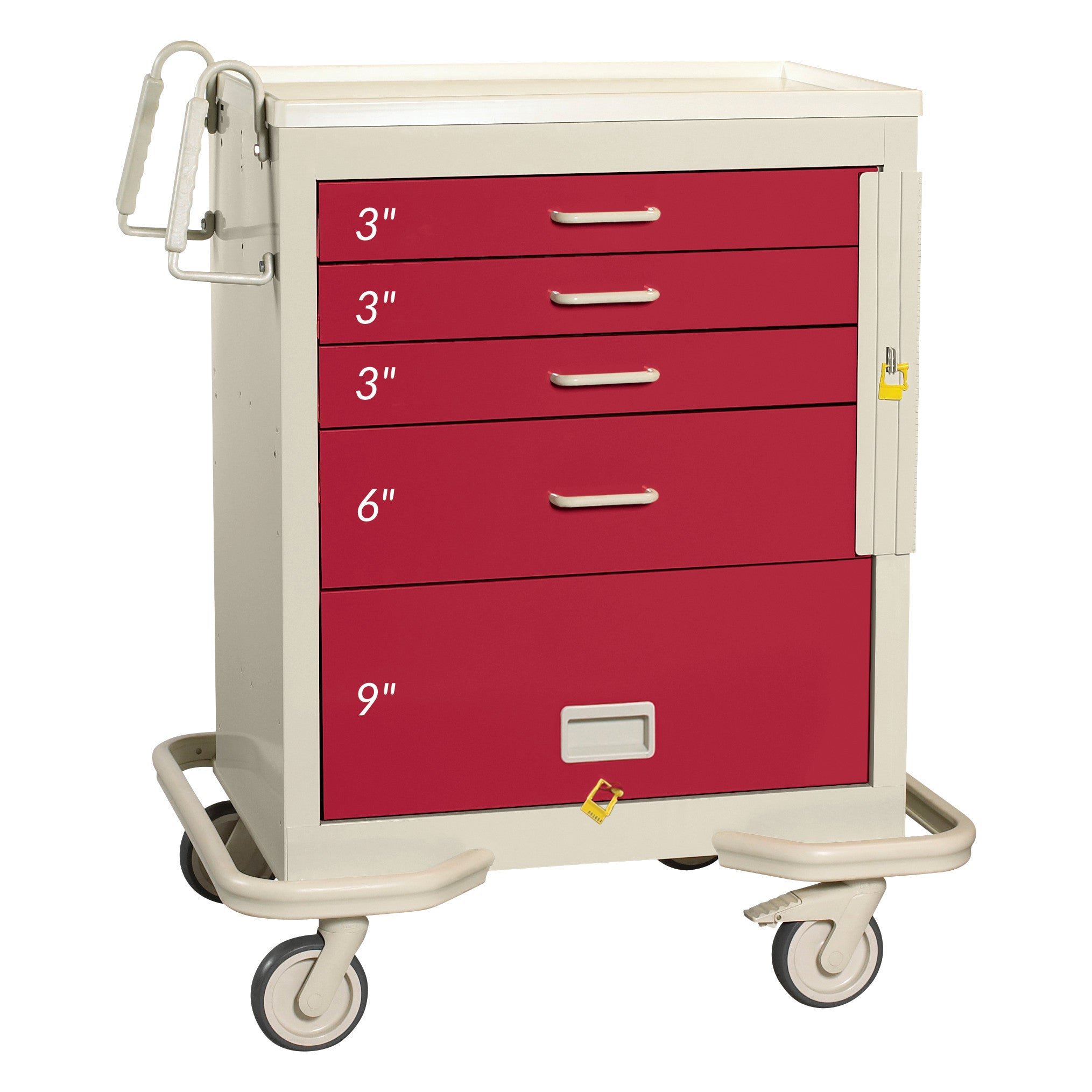 AliMed Standard Series 4-Drawer Emergency Cart with Bottom Panel, features red drawers labeled 3', 3', 3', 6', and 9' atop wheels.