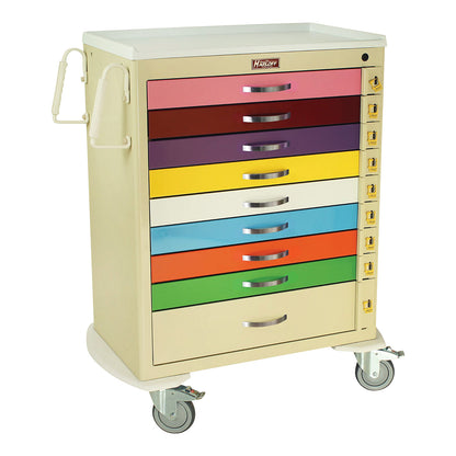 Harloff 9-Drawer Pediatric Emergency Cart with colorful drawers, handles, and wheels, designed for medical supplies organization.