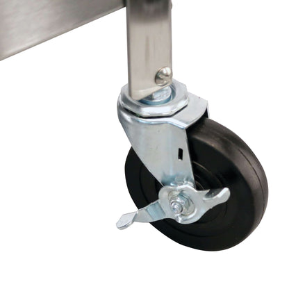 A caster wheel with a brake mechanism attached to a Lakeside  Machine Stand, featuring a metal frame and black wheel.