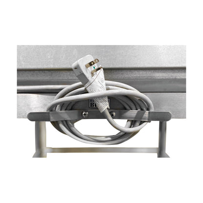 Blickman Digital Warming Cabinet For Table/Cart with a wrapped power cord and plug stored on a metal hook.