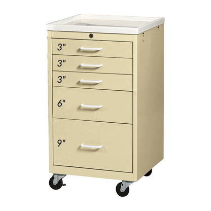 AliMed Mini Series 5-Drawer Procedure Cart with Key Lock in solid beige, featuring varying drawer sizes and caster wheels.