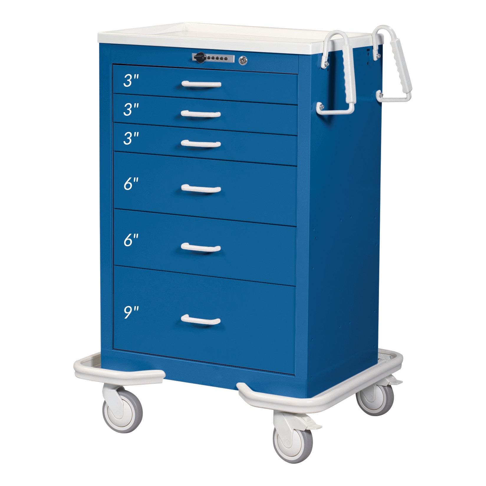 AliMed Standard Series 6-Drawer Anesthesia/Procedure Cart with Push-Button Lock, 30" drawer space, two-tone dark blue, on wheels.