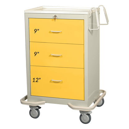 AliMed Standard Series 3-Drawer Isolation Cart with Key Lock has two 9-inch and one 12-inch yellow drawers, and wheels.