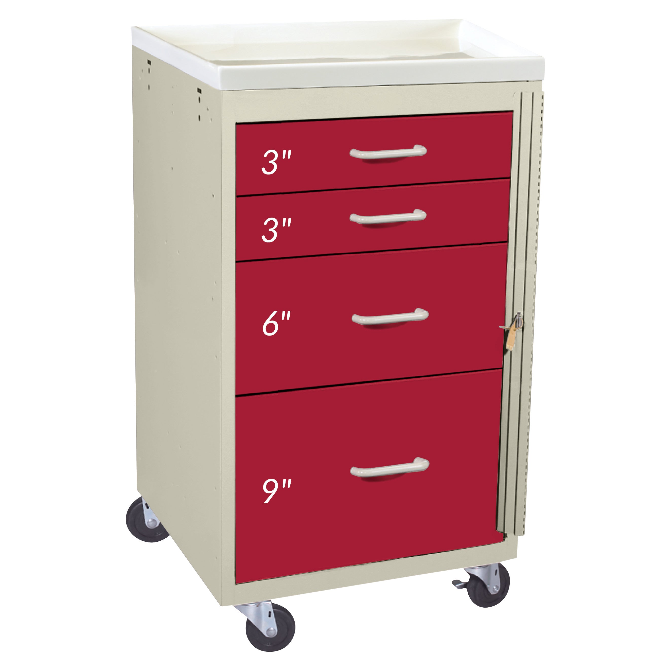 AliMed Mini Series 4-Drawer Emergency Cart with red drawers labeled 3', 3', 6', and 9'. It has wheels and a beige frame.
