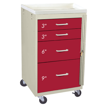 AliMed Mini Series 4-Drawer Emergency Cart with red drawers labeled 3', 3', 6', and 9'. It has wheels and a beige frame.