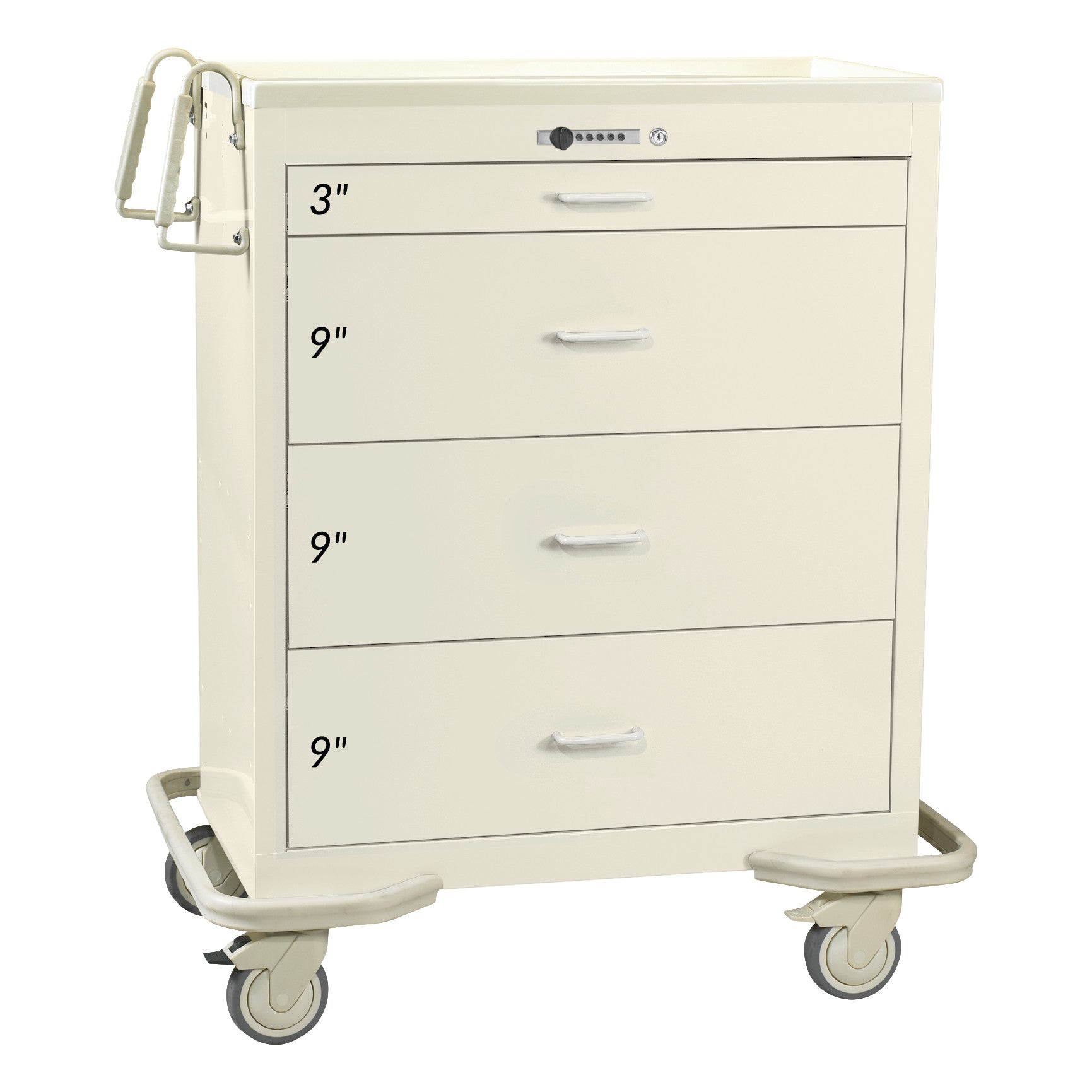 AliMed Wide Series 4-Drawer Isolation Cart with Push-Button Lock, featuring three drawers labeled as 3', 9', and 9'.