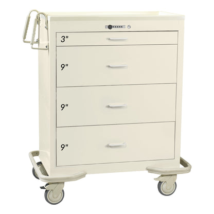 AliMed Wide Series 4-Drawer Isolation Cart with Push-Button Lock, featuring three drawers labeled as 3', 9', and 9'.