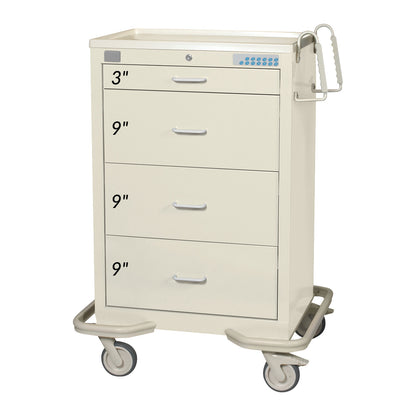 AliMed Standard Series 4-Drawer Isolation Cart with Proximity Lock, featuring three 9-inch drawers and one 3-inch drawer on wheels.
