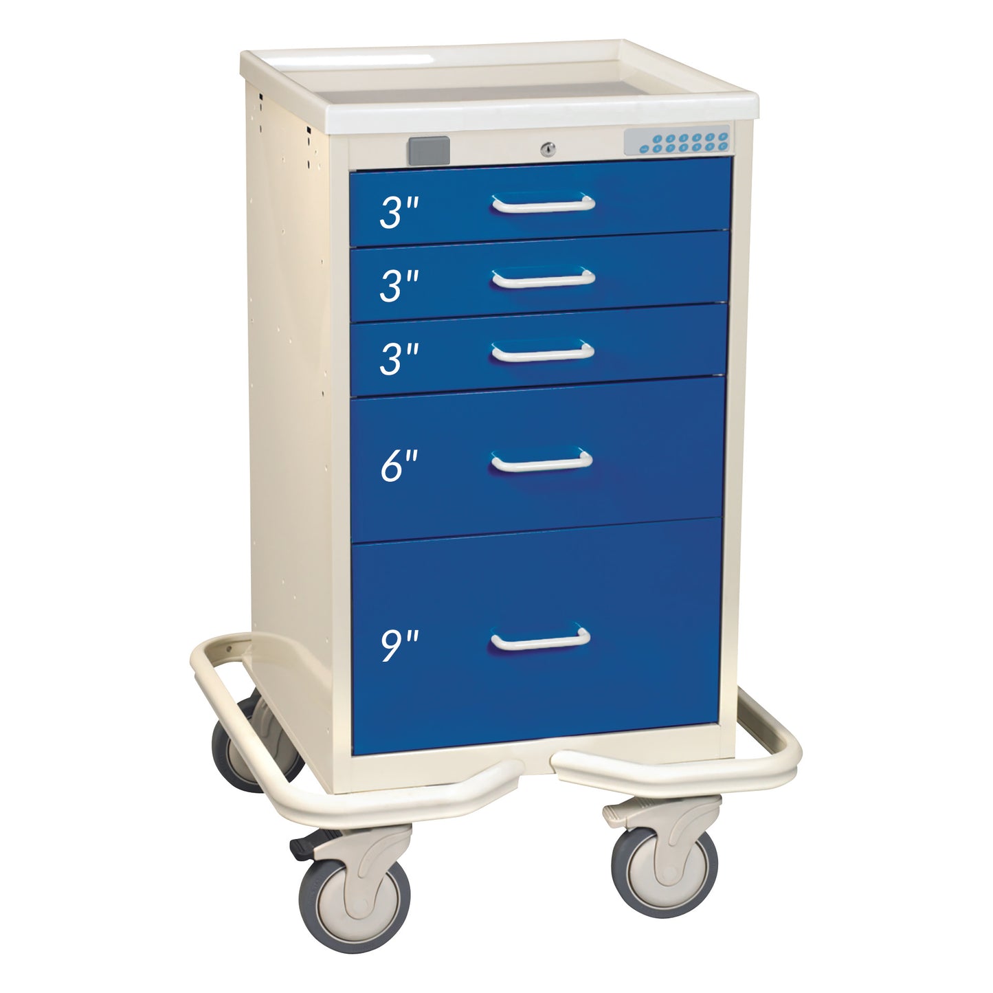 AliMed Mini Series 5-Drawer Anesthesia/Procedure Tower Cart with Proximity Lock, featuring varying drawer sizes on wheels.