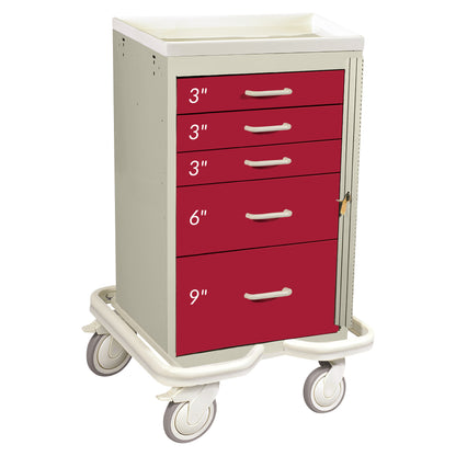 AliMed Mini Series 5-Drawer Emergency Tower Cart with red drawers labeled by height (3', 3', 3', 6', 9'), on wheels.