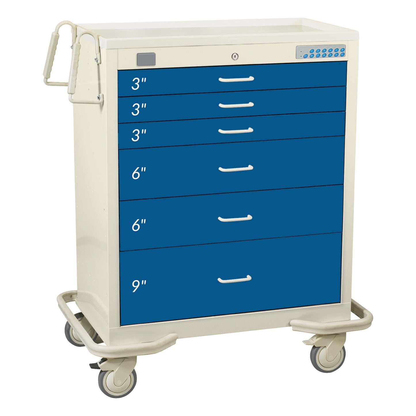 AliMed Wide Series 6-Drawer Anesthesia/Procedure Cart with Proximity Lock features blue drawers labeled by size and caster wheels.
