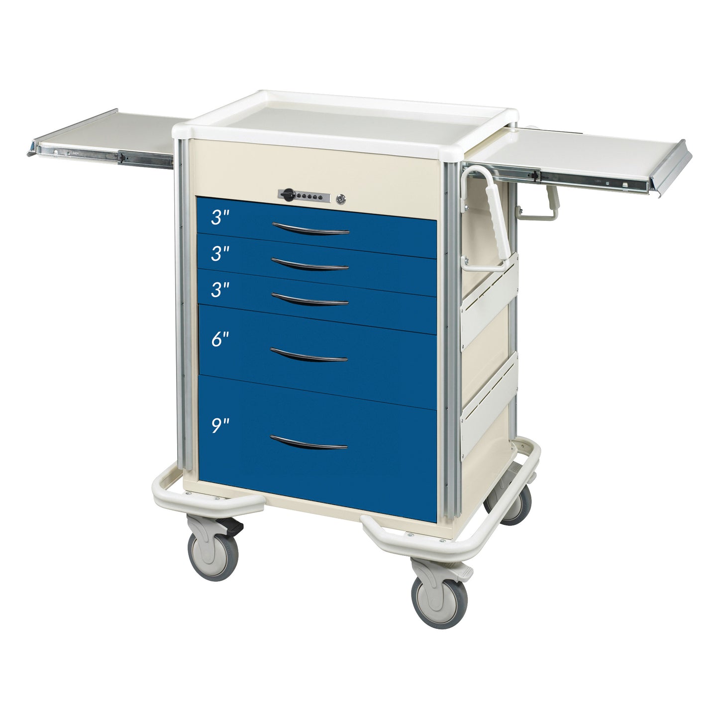 An AliMed Select Series 5-Drawer Anesthesia/Procedure Cart with a push-button lock, featuring blue drawers.