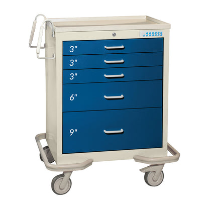 AliMed Standard Series 5-Drawer Anesthesia/Procedure Cart with Electronic Lock, featuring blue drawers and swivel casters.