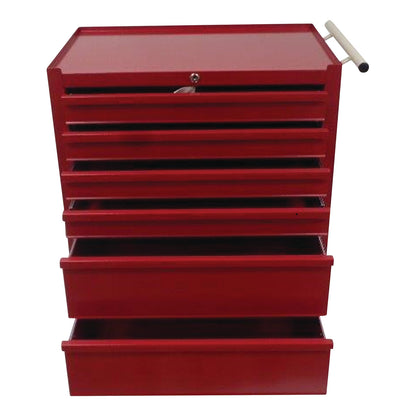 A red AliMed 6-Drawer Economy Treatment Cart with some drawers open and a silver push handle on the side.