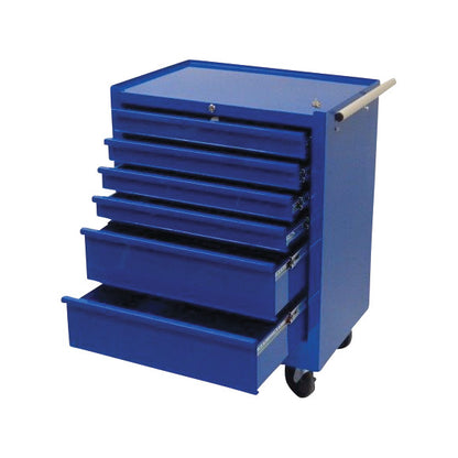 Blue AliMed 6-Drawer Economy Treatment Cart with Push Handle, featuring some open drawers and wheels for mobility.