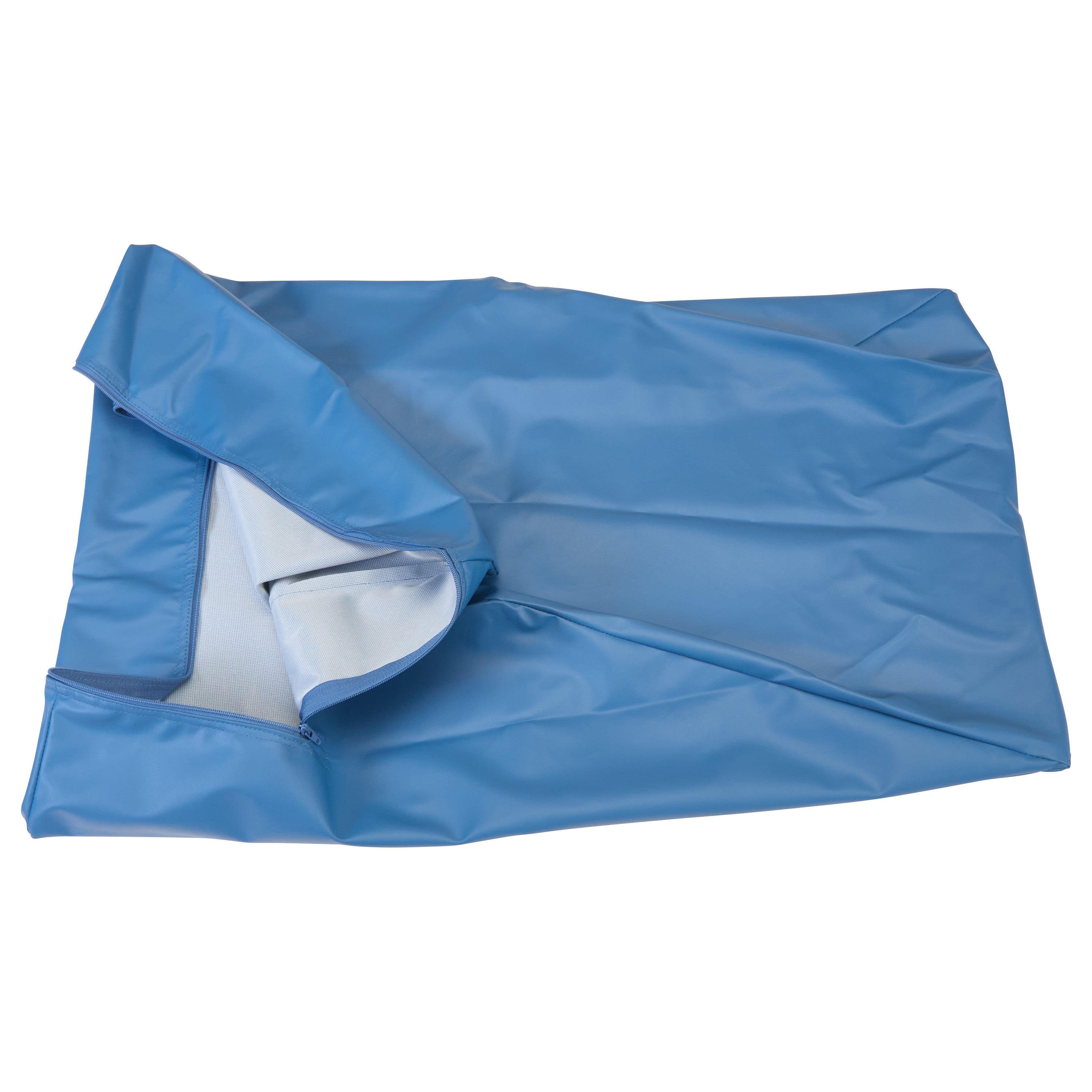 A blue Sure-Chek Cover for AliMed Covered Foam Bed Wedge, shown unzipped to reveal the white inner lining.
