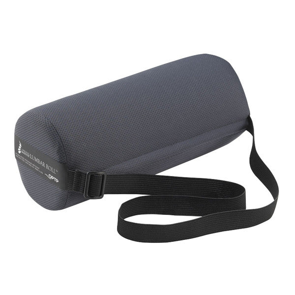 A dark gray cylindrical cushion with an adjustable strap, The Original McKenzie Lumbar Roll, designed for back support.