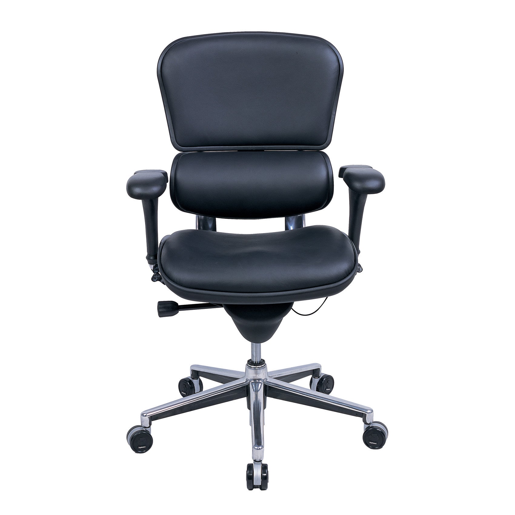 The Ergohuman Chair features an ergonomic design with adjustable armrests, a contoured back, and a five-wheel base.