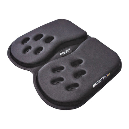 The Gelco GSeat Ultra Portable Gel Seat is a black cushioned seat pad with cutouts and sculpted surfaces for ergonomic support.