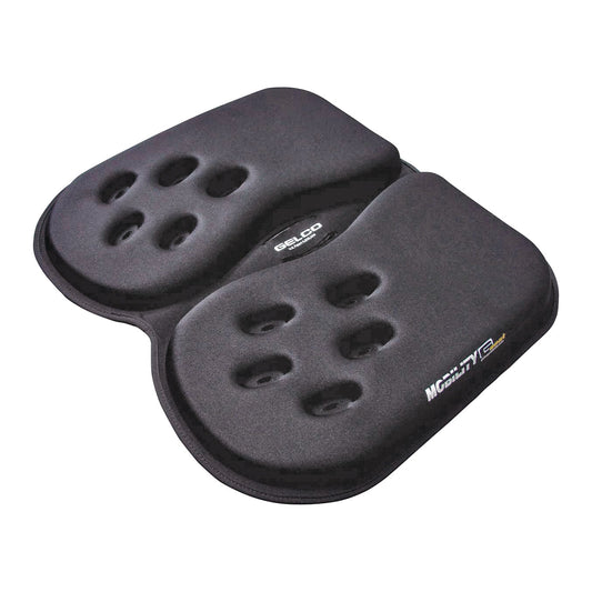 The Gelco GSeat Ultra Portable Gel Seat is a black cushioned seat pad with cutouts and sculpted surfaces for ergonomic support.