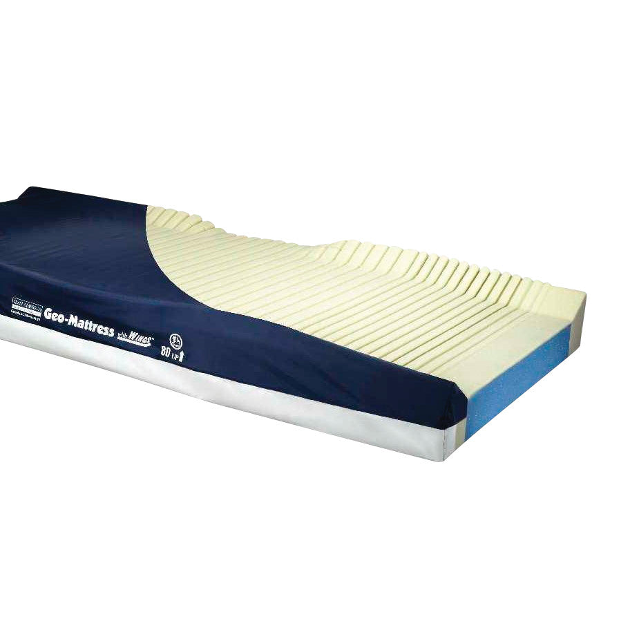 A Geo-Mattress with Wings features a ribbed surface and blue cover, designed for pressure relief, partially exposed.