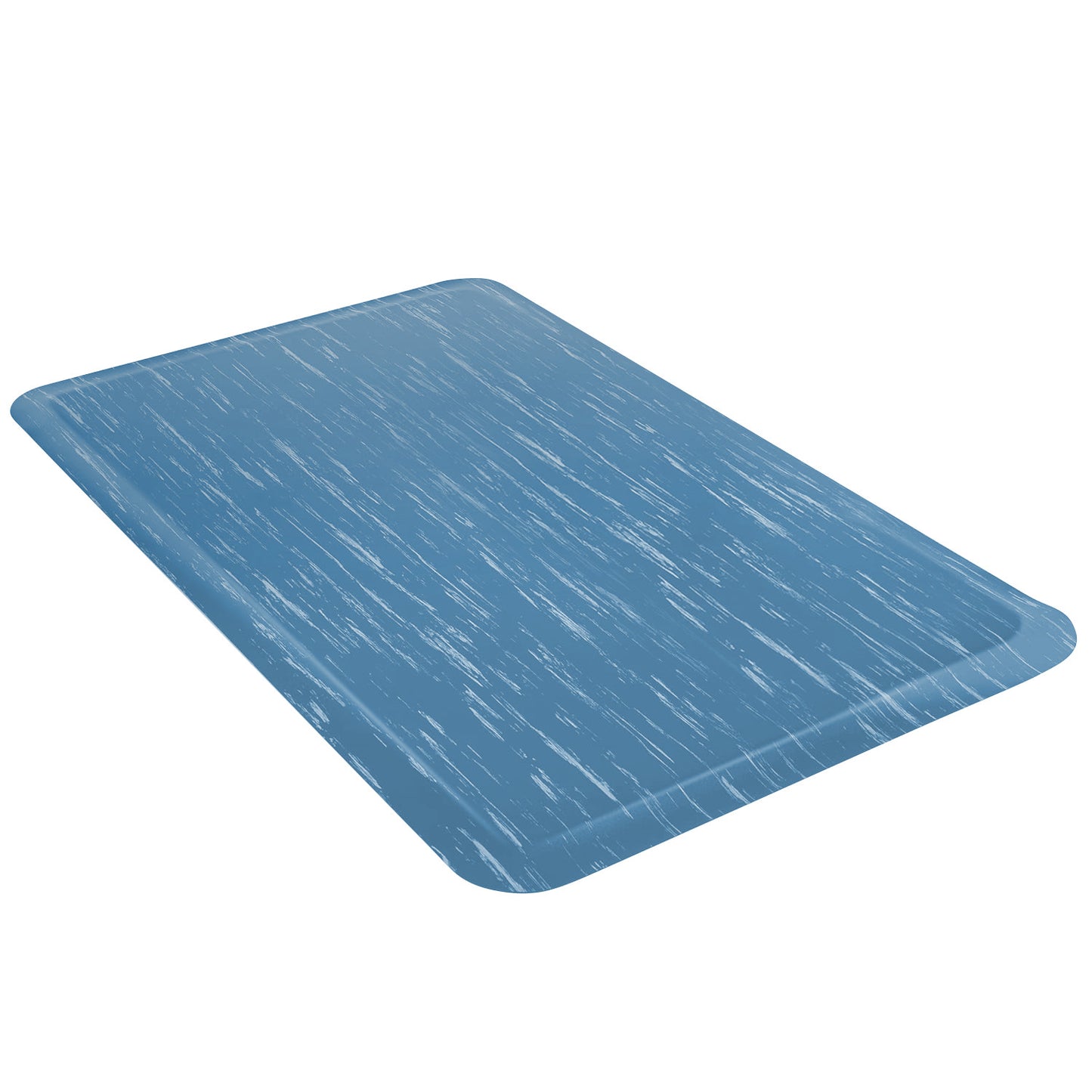 Blue marble-style rubber anti-fatigue mat with white streaks and rounded edges.
