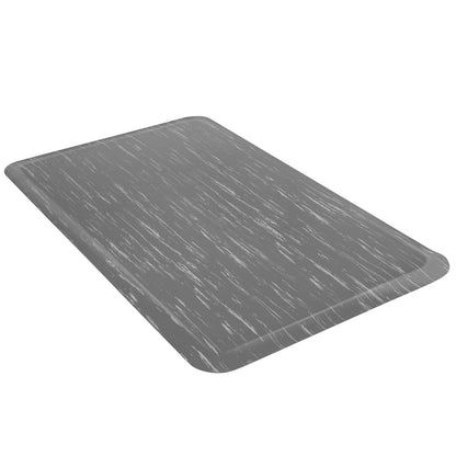 A gray marble-style rubber anti-fatigue mat with curved edges on a white background.