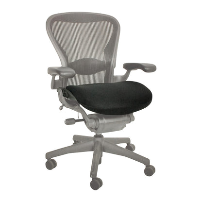 A gray office chair with mesh backrest and padded armrests is shown. It features a black BodyBilt Stratta Mesh Seat Cushion.