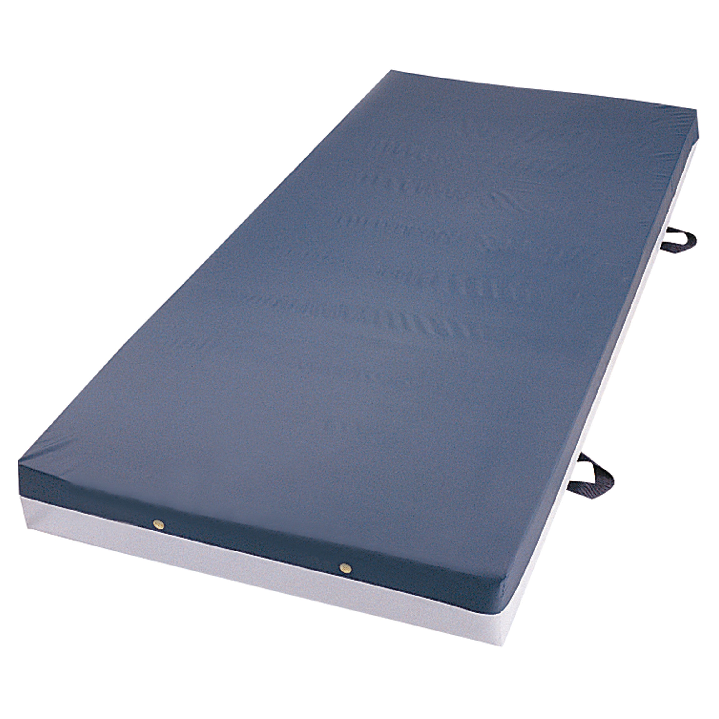 A blue Bariatric Mattress with a waterproof cover and side straps, designed for durability and support in medical settings.