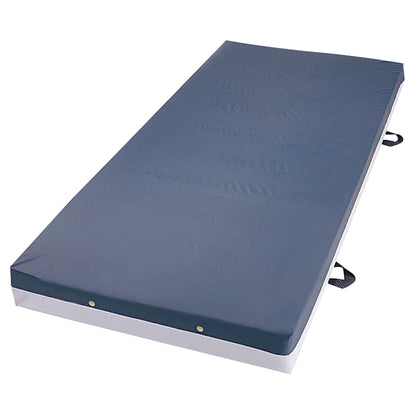 A blue Bariatric Mattress with a waterproof cover and side straps, designed for durability and support in medical settings.