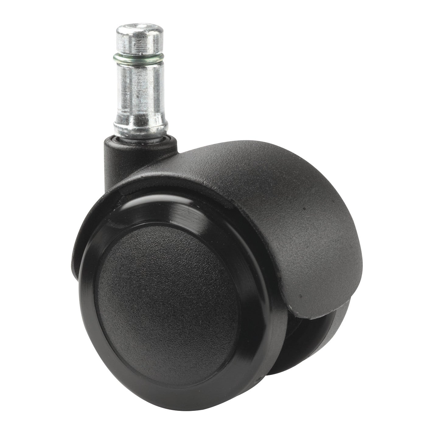 A black wheel from an AliMed Safe-Brake Caster is shown, featuring a metal stem for attachment.