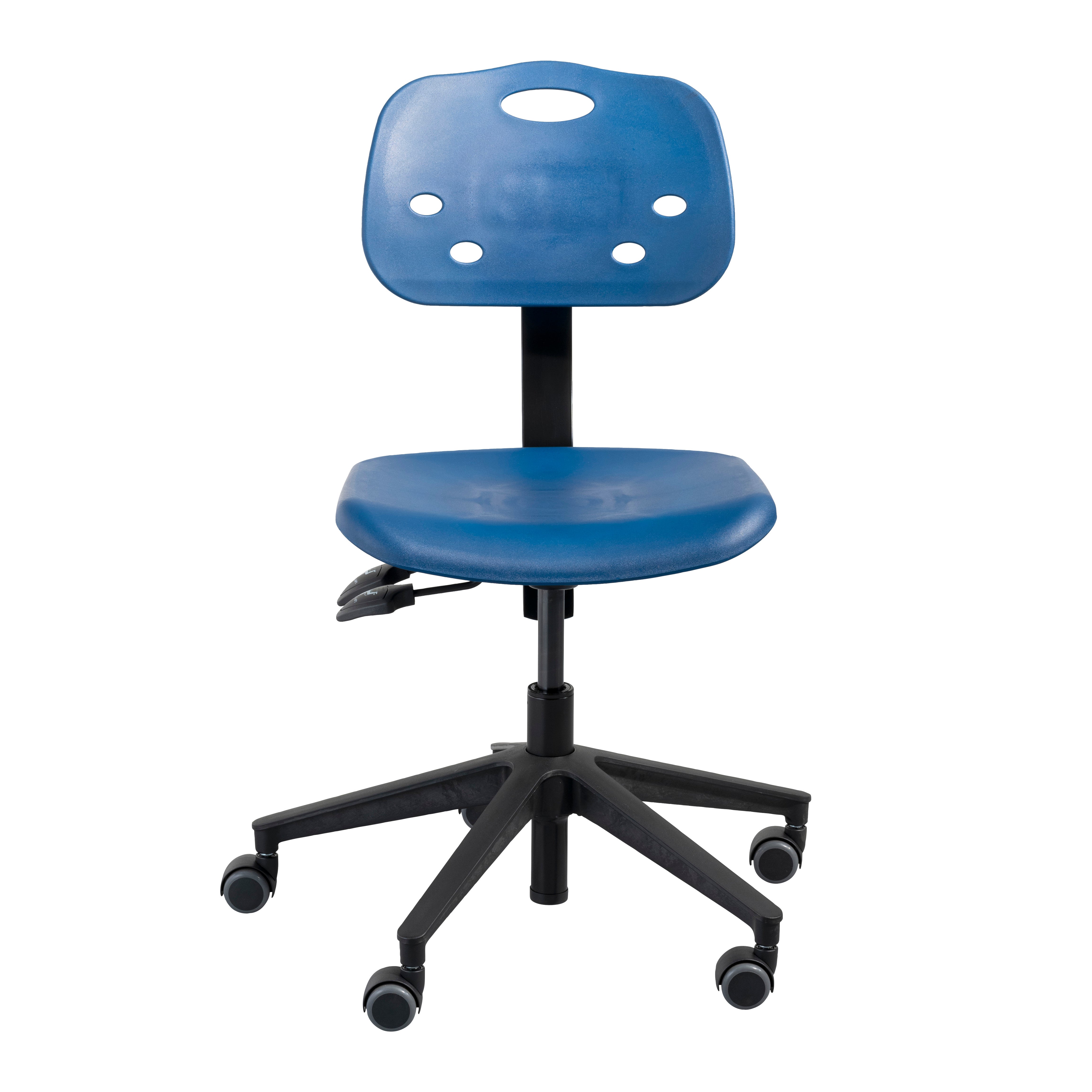 The BioFit ArmorSeat Chair is a black, adjustable office chair with wheels, a perforated backrest, and a circular foot ring.