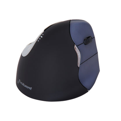 The Evoluent VerticalMouse 4 Ergonomic Mouse is shown in a side view, highlighting its vertical design and side buttons.