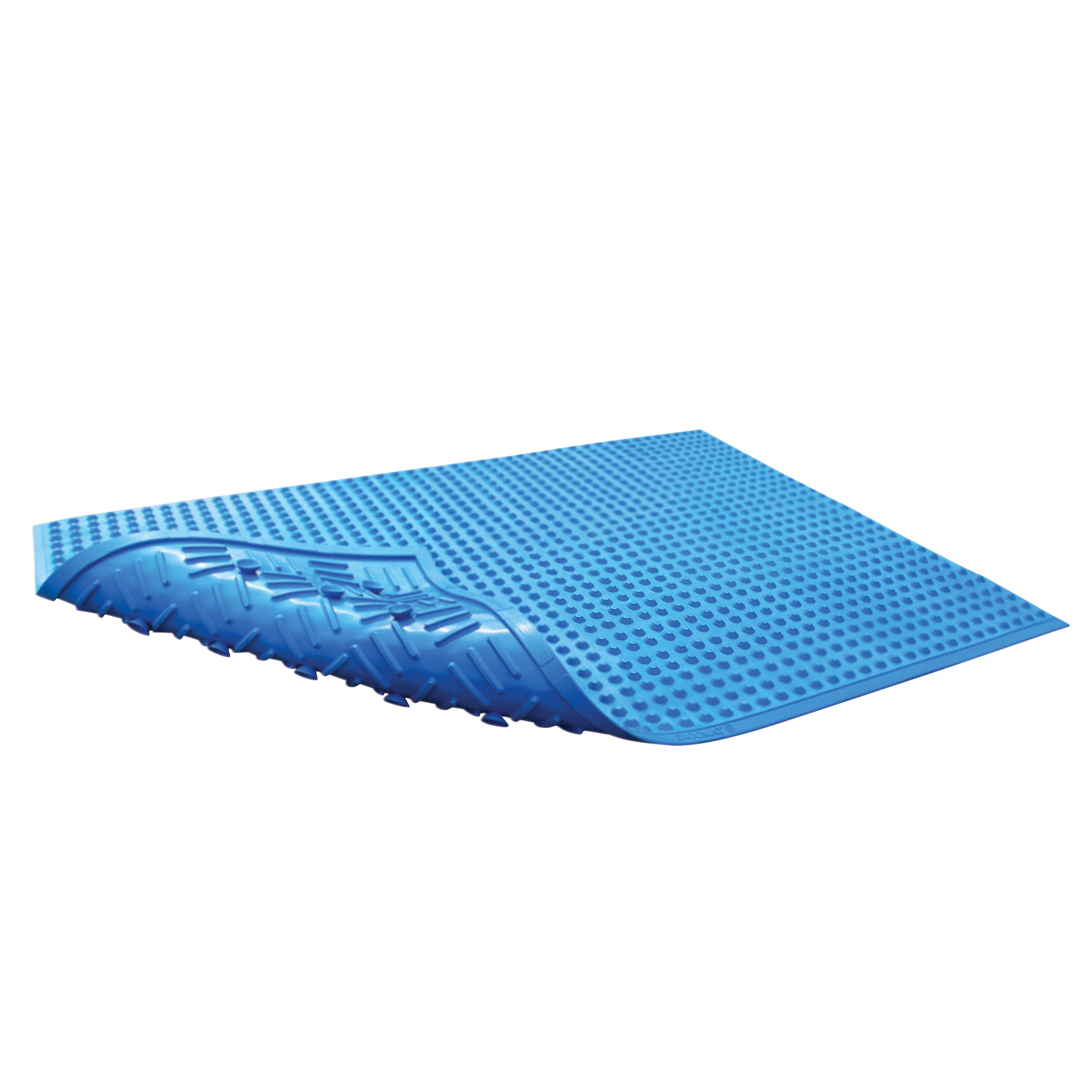 A blue ERGOMAT Super-Safe Mat featuring a textured, non-slip surface with raised patterns, designed for ergonomic safety.