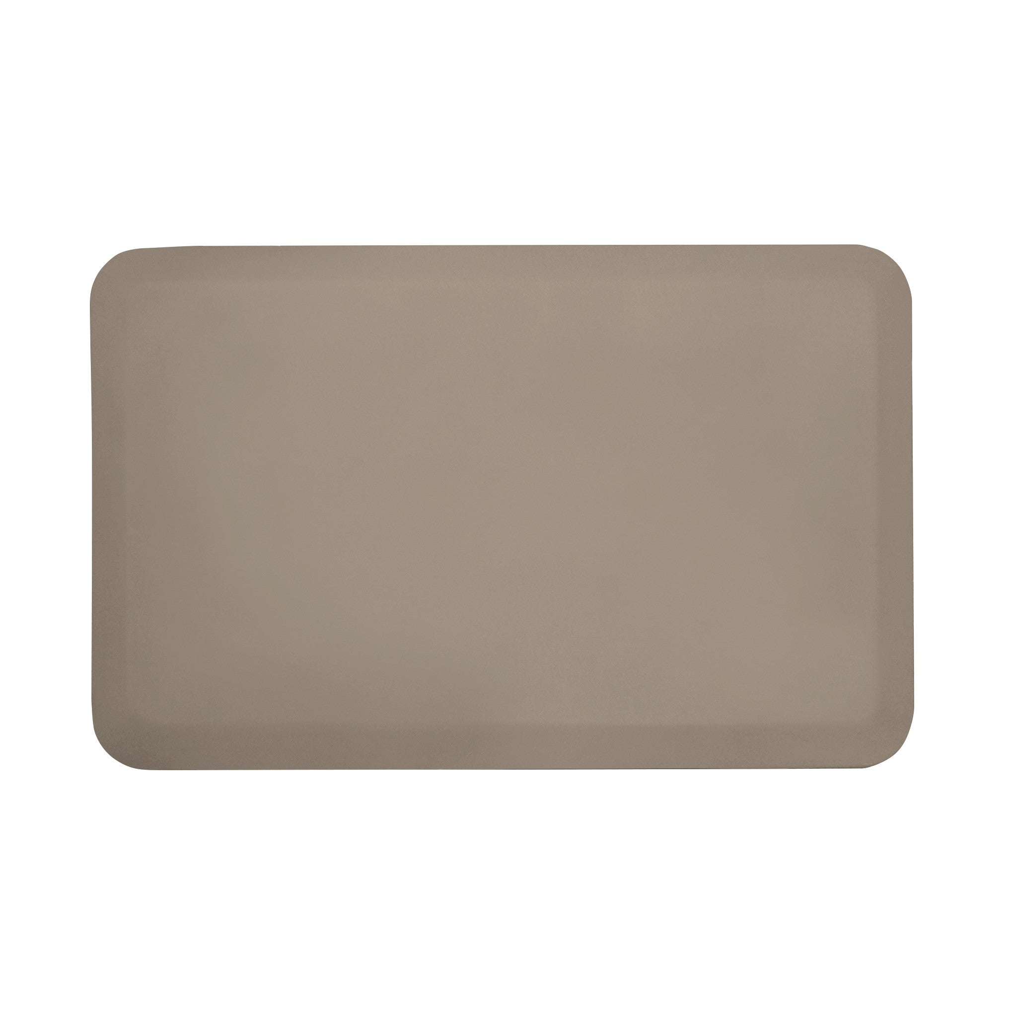 The GelPro NewLife EcoPro Anti-Fatigue Mat is rectangular, beige, and has rounded corners, designed to provide cushioning support.